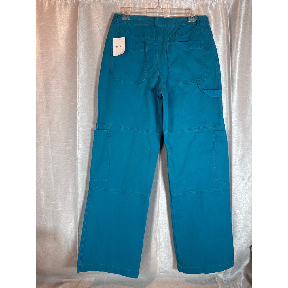 NWT Forever 21 Teal Blue Cargo Pants Wide Leg Utility Pocket Women's Size L - Picture 3 of 6